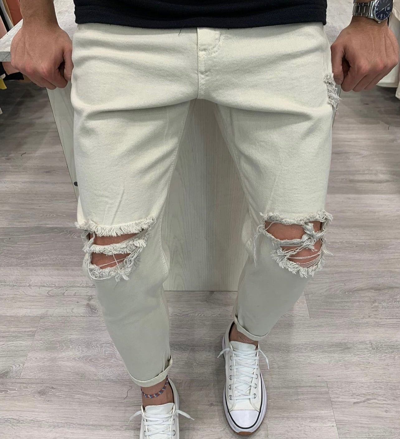 Skinny beige rajado