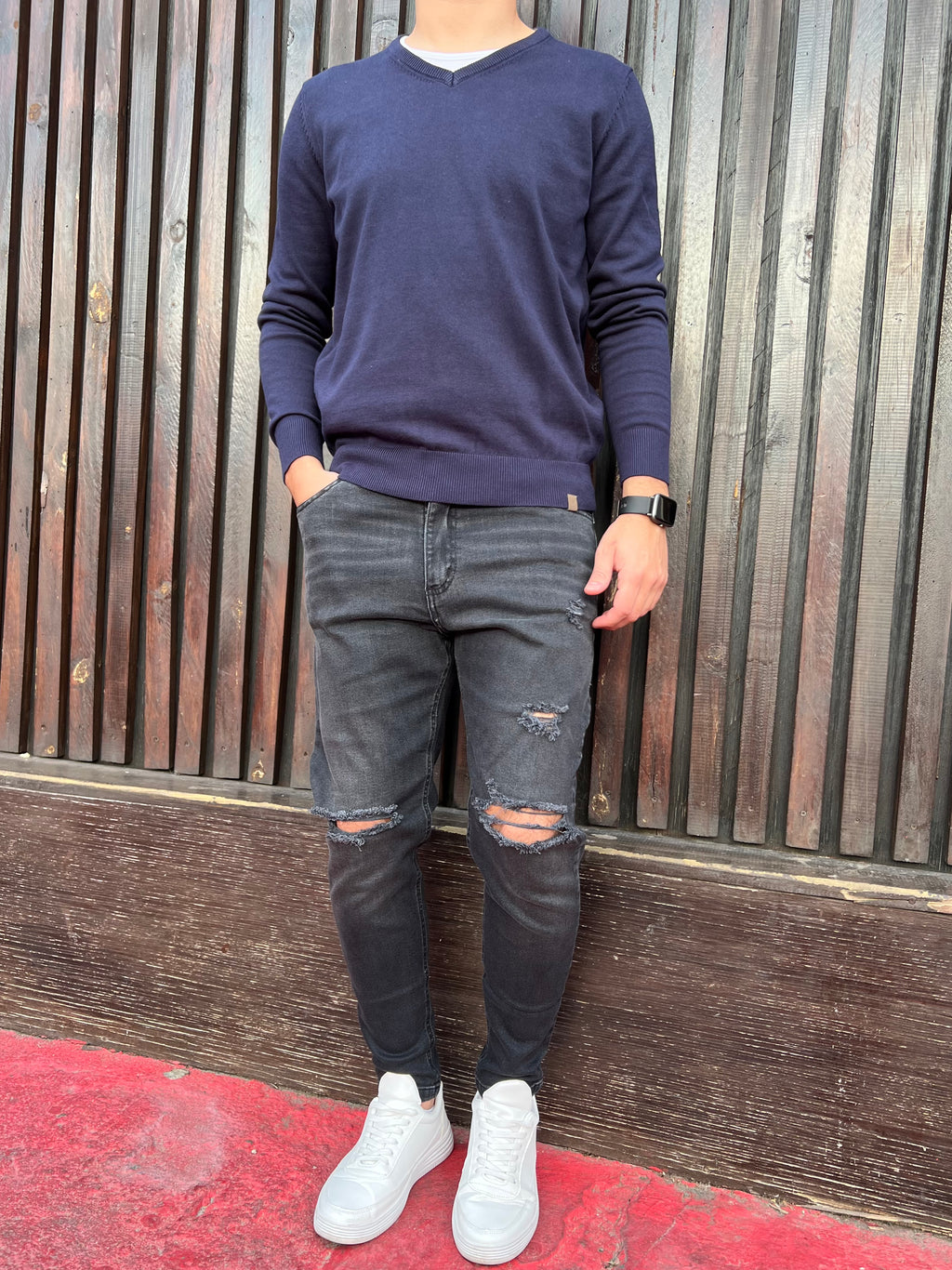 Buzo de algodón escote V azul