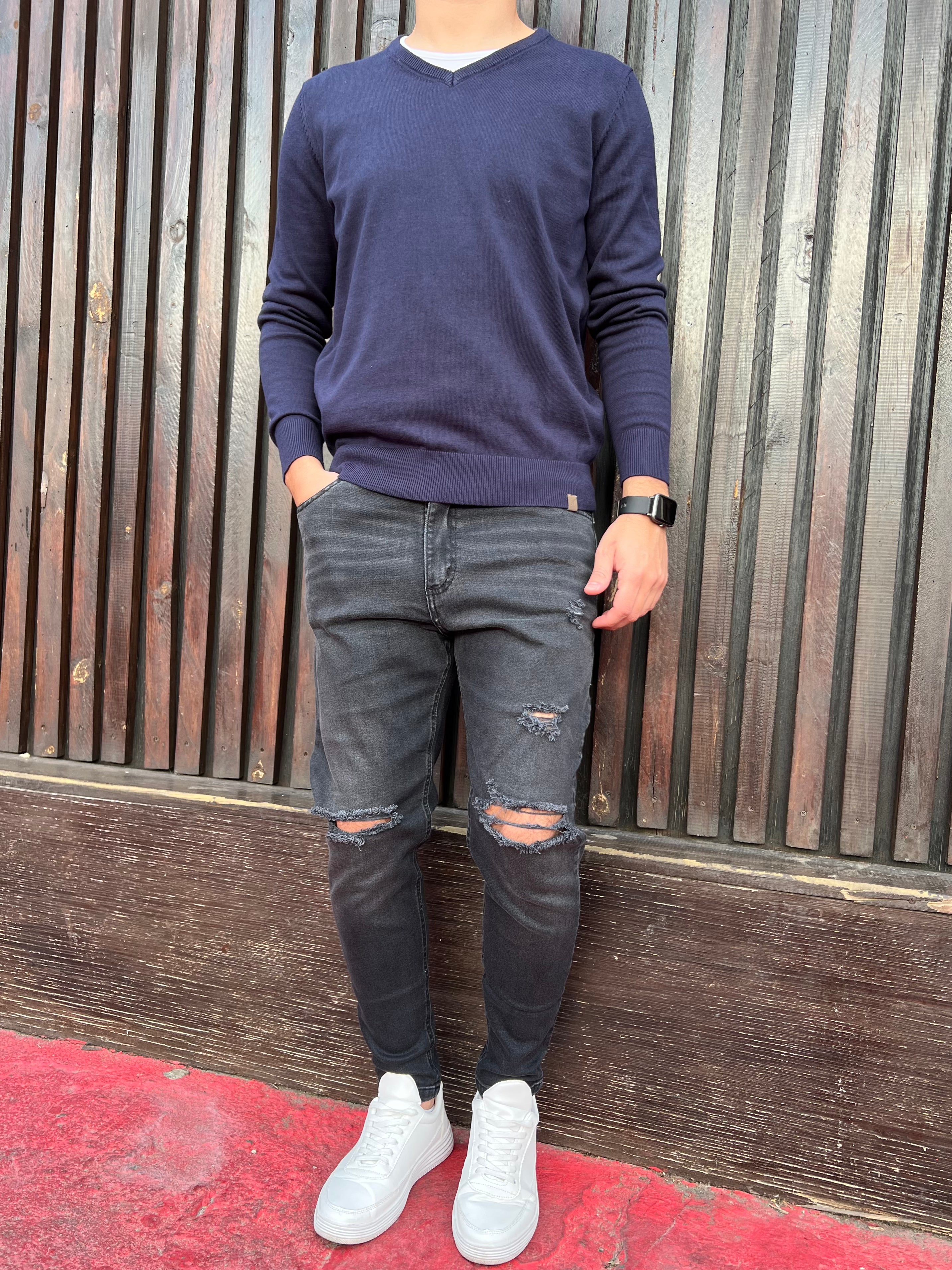 Buzo de algodón escote V azul